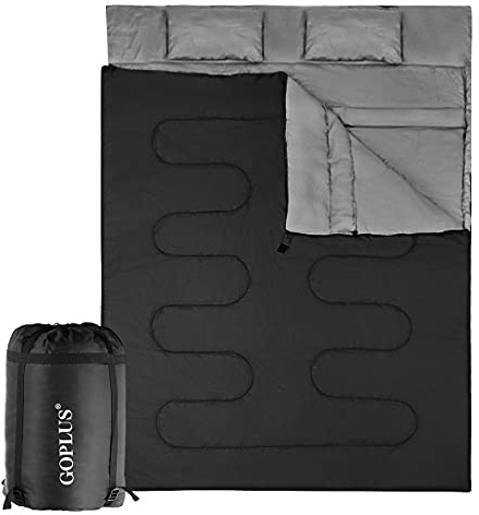GOPLUS Sac de Couchage Imperméable pour 2 Personnes Détachable avec 2 Oreillers-Un Sac Livré Facilite Le Rangement et Le Transport-Camping,Randonnée-Noir 220x150cm (Noir)