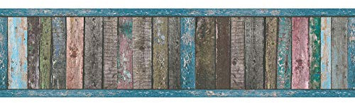 Frise papier peint imitation bois | Frise tapisserie effet bois coloré & usé | Frise murale bleu rose marron pour cuisine & salon