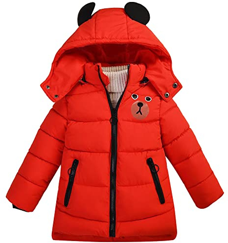 Amur Leopard Doudoune Enfant Garçon à Capuche Détachable Veste Matelassée Mignonne Manteau Blouson Bébé Garçon Chaud pour Hiver, Rouge, 110/3-4 Ans