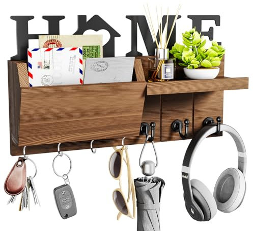 HapiRm Key Holder for Wall, Key Hanger with Home Design, Key Hooks Wall Mounted with Mail Sorter for Entryway, Mudroom, Hallway, Bedroom, Kitchen, Office (7 Hooks, Brown)