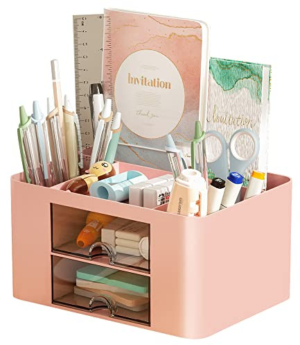 Marbrasse Schreibtisch Organizer mit Schubladen,Multifunktional Stiftehalter Schreibtisch mit 7 Fächer 2 Schubladen,Büro Organizer Zubehör(Rosa)