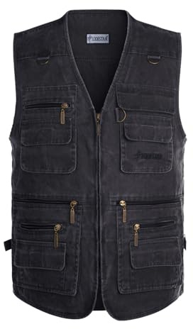 Daoba Chaleco para hombre de algodón con múltiples bolsillos, casual, para exterior, con cuello de pie, para camping, caza, pesca, fotografía, Gris Oscuro, 3XL