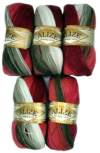 5 x 100 g Strickwolle Angora gold mehrfarbig mit Farbverlauf, 500 Gramm Strickgarn mit 20% Wolle-Anteil (bordeaux rot braun weiss 1984)