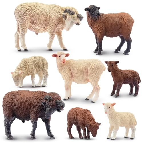 TOYMANY 8 stycken merinofårfigurer, leksaksfigurer, skogsdjursfigurer av plast för barn, pojkar, flickor i åldern 3–5 och 6–12 år