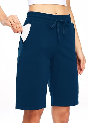 WILLIT Pantaloncini da donna in cotone, pantaloni lunghi da yoga, lunghezza al ginocchio, per allenamento estivo, 10, con tasche, Blu mare, XL