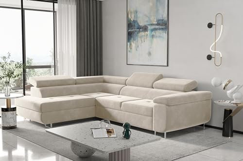 Kaiser Möbel, Ecksofa mit schlaffunktion, mit Bettkasten, Schlafsofa Atom Lux, Designer Sofa, Modern Design Couch, Polsterecke, Freistehend, Stoff Monolith Klasse A, Ecru Links
