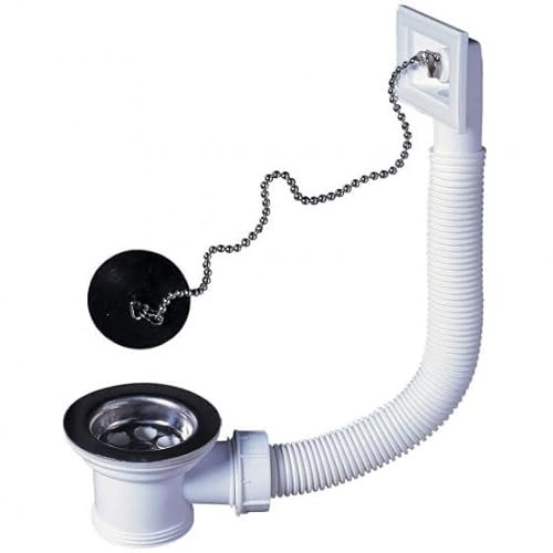 Wirquin 30723222 Bonde pour évier de cuisine 1 bac Ø50 mm avec bouchon et trop-plein extérieur, blanc