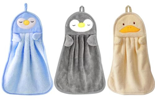 3 Stück Kinder Hand Handtuch Süßer Tier Waschlappen Mikrofaser Absorbierende Handtücher Schnelltrocknende Gesichtstücher mit Hängenden Schlaufen für Küchen und Badezimmer