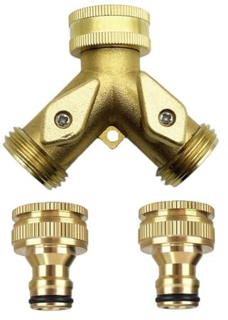 Brass 2 Way Y Valve Tap Connector - Garden Hose Splitter with 2Pcs 3/4 Tap Connector