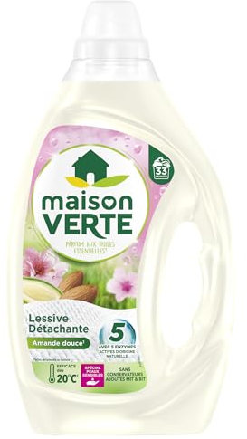 Maison Verte - Lessive Liquide - Parfum aux Huiles Essentielles - Lessive Détachante - Amande Douce - Spécial Peaux Sensibles - Efficace dès 20°C - 5 Enzymes Actives d'Origine Naturelle - 33 Lavages