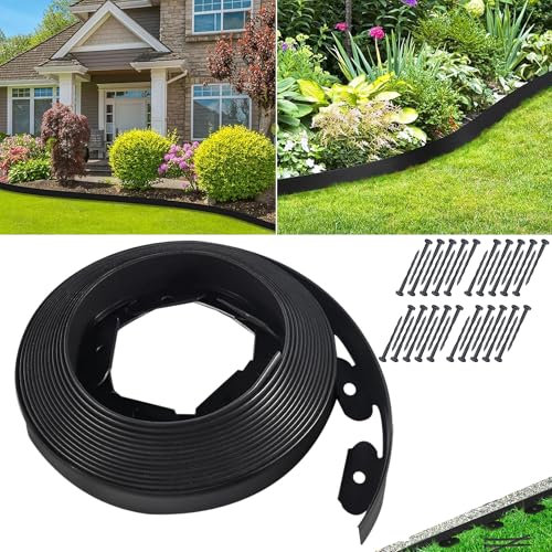 Bordure de Jardin en Plastique Noir de 10m/33 Pieds, 5cm de Haut,avec 40 Pointes kit de Bordure de barrière d'herbe extérieure pour aménagement paysager de pelouse, parterres de Fleurs, allée et Cour
