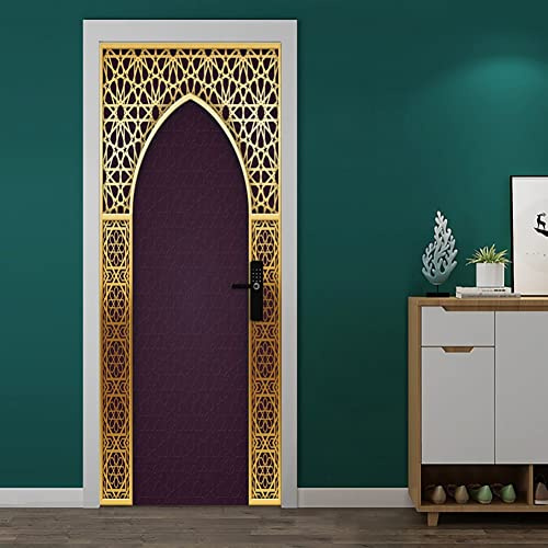Keuyeo Pegatinas De Puerta 3D, Murales, Pelar Y Pegar, Papel Tapiz para Puerta De Religión Musulmana, Calcomanías para Puerta, Póster De Puerta De PVC Extraíble para Decoración del Hogar