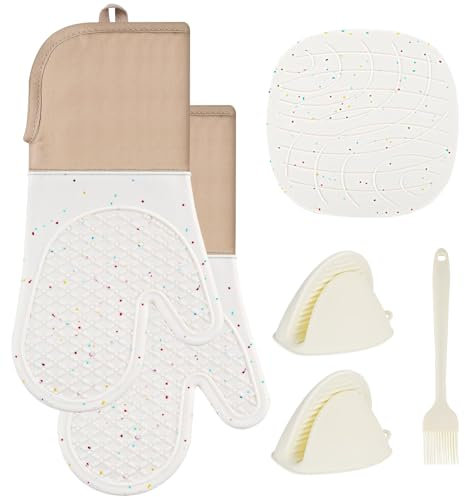 QINGYIWL Guanti da Forno in Silicone, Resistente al Calore Guanti da Cucina con Presine da Cucina e Pennello Silicone Cucina, per Cucinare, Cuocere e Grigliare