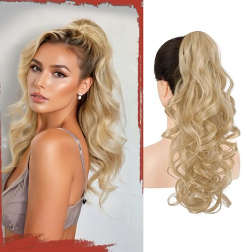 Sofeiyan Coda Cavallo con Pinza 43cm Ricci Ondulati Naturali Capelli Sintetici Posticci Extension Coda di Cavallo per Donna, Biondo Cenere