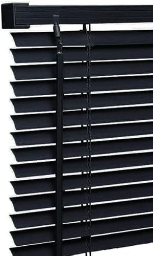 Ruby Deals PVC Venetian Blind Blinds Window 25mm Thin Slats Kitchen Window Blinds Treatments Easy Fit Curtains Trimmable Fittings Home Office(Black 90W x 150H cm)