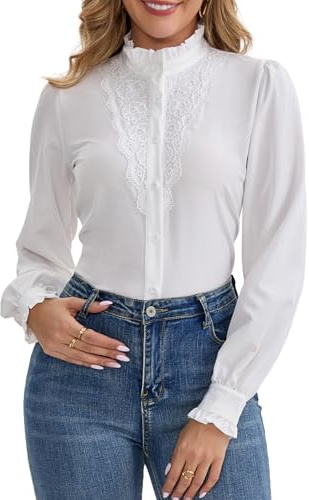 MISMI Women's Lace Crochet Mock Neck Long Sleeve Button Down Elegant Blouse Shirt Fall Top White X-Small
