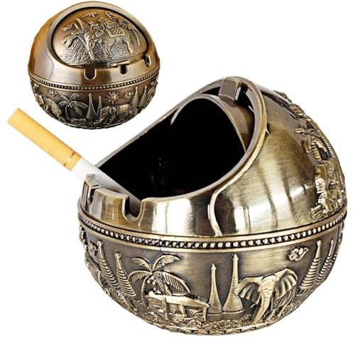 Ashtray with Lid, Vintage Ashtray Carved Patterns Cool Portable Windproof Ash Tray with Lid for Home Car Office Outside 4.1x3.7 inch