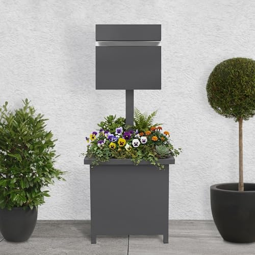 ML-Design Soporte de Buzón Exterior con Jardinera, Antracita Poste Independiente para Correo con Compartimento para Periódicos y Cerradura, Resistente a la Intemperie Pie de Construcción Metálica