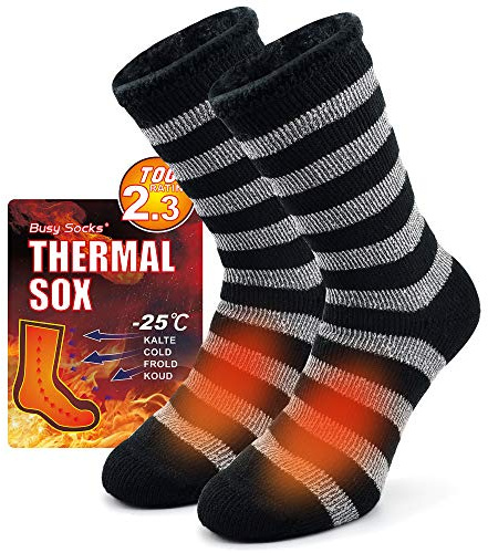 Busy Socks Winter Warm Thermal Socks for Men Women Extra Thick Insulated Heated Crew Boot Socks for Extreme Cold Weather, Large, 1 Pair Dark Grey Striped