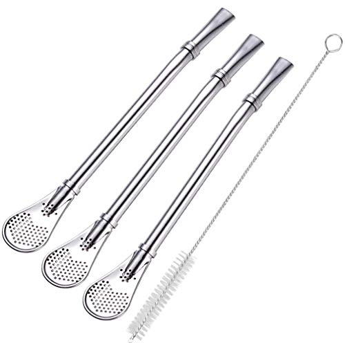 Yerba Mate Bombilla Gourd Drinking Filter Straws 304 Food-Grade Stainless Steel 6.1 inch Long Spoon Bombillas Straws for Mate Tea Set of 3 with Cleaning Brush (silver)