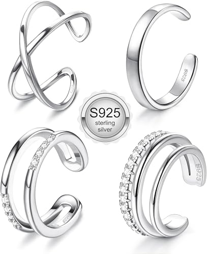 JeryWe 4 Pcs 925 Sterling Silver Ear Cuff for Women Non Piercing Adjustable Ear Cuff Earrings Clip On Cartilage Helix Wrap Ear Jewelry Set Sliver