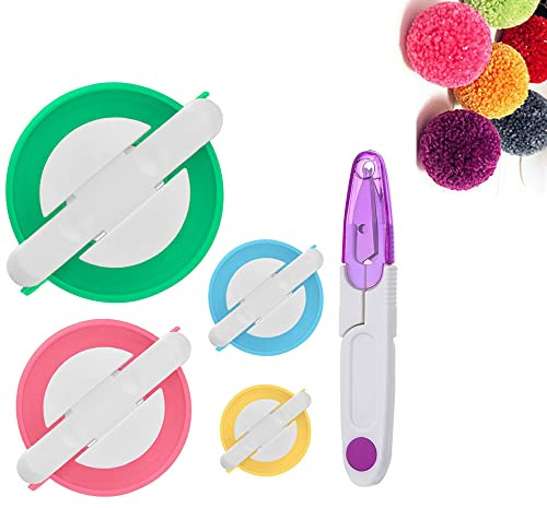 Set di 4 strumenti per creare pompon per realizzare pompon fai da te, lavori a maglia, per bambini e adulti + 1 paio di forbici (38 mm, 48 mm, 68 mm, 88 mm)