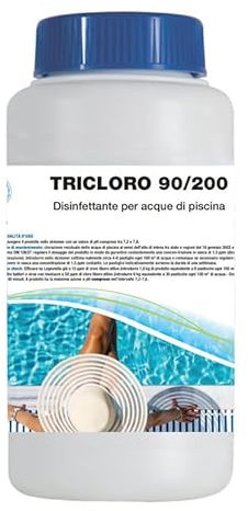 Virsus Tricloro 90/200 a Pastiglie per acqua di piscina 3C12, 5 pastiglie da 200 gr a lenta dissoluzione contro virus e batteri, Agente clorante stabilizzato per un corretto trattamento acque (1 Kg)