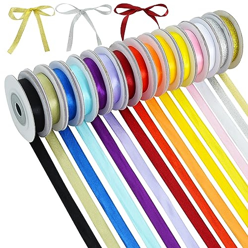 TONIFUL 16 Colors 80yds Satin Ribbon Rolls 3/8 Inch Thin Solid Fabric Ribbons for Gift Wrapping Invitation Floral Hair Balloons Bows Craft Sewing Party Wedding Birthday Decoration Bouquet(5yd/Roll)