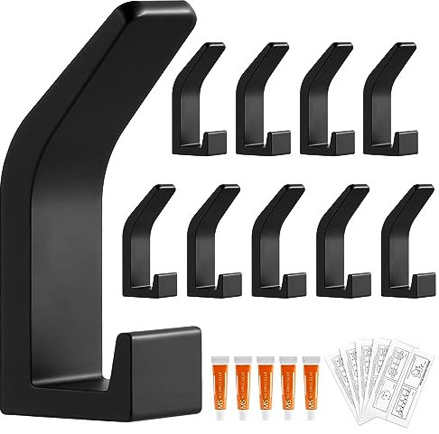 BASVII 10 Stück Garderobenhaken Schwarz - Kleiderhaken Garderobe aus Space Aluminium, Robust und Langlebig, Nicht Leicht zu Brechen - Wandhaken Garderobe, ideal für Flur, Badezimmer und Küche