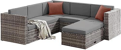 EVRE Monaco Rattan Garden Furniture Set | 6 Piece Modular Corner Sofa Set Outdoor Wicker Weave Lounge Sofa and Convertible Glass Top Table with Cushions
