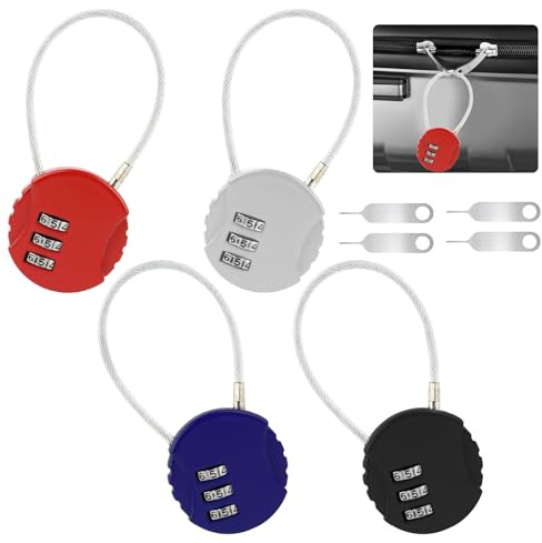 Cadenas à Code 4 Pièces - Petit Cadenas à Combinaison 3 Chiffres pour Valise, Avion, Cable, Casier, Vélo, Sac de Voyage - Serrure à Combinaison