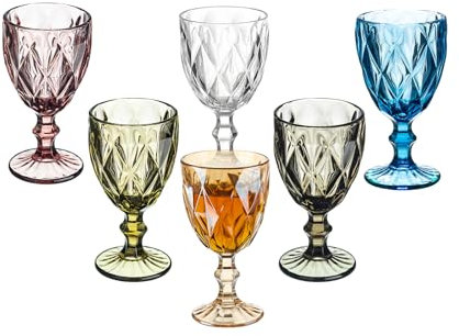 XKXKKE Weingläser im Vintage-Stil, 284 ml, farbiges Glas, Wasserkelche, einzigartiges geprägtes Muster, hochklarer Stiel, Glaswaren, Hochzeit, Party, Bar, Trinkbecher, gemischte Farben, 6 Stück