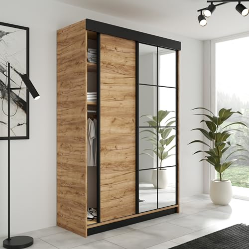 KIER FURNITURE Schiebegarderobe LAMARO mit Spiegel - Schrank Schlafzimmer - Schlafzimmerschrank - Wardrobe Bedroom - Kleiderschränke - Kleiderschrank Eiche Craft Gold - 138x205x59