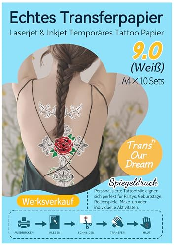 TransOurDream A4 x 10 set bläckstråleskrivare/laser tatueringspapper (vit), gör-det-själv-tatueringsfolie att skriva ut (bra för ljus), tillfällig överföring, dekal för bläckstråleskrivare