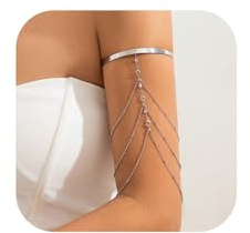 Simple Crystal Bead Tassel Upper Arm Chain Bracelet Multi-layered Bikini Armlet Rhinestone Adjustable Open Arm Cuff Bangle Bracelets Summer Beach Body Jewelry for Women (Silver)