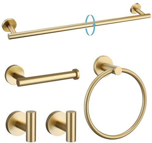 TURS Brushed Gold 5 Piece Bathroom Hardware Set, SUS304 Stainless Steel 24 Inch Bath Towel Bar Set, Round Bathroom Accessories Kit Wall Mounted