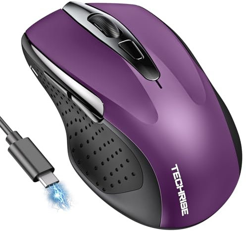TechRise Wireless Mouse, Rechargeable Bluetooth (BT5.0/3.0 & 2.4G), 4800DPI Adjustable, 6-Button Silent, Ergonomic, Purple