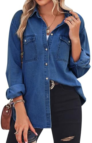 MINTLIMIT Womens Denim Shirt Long Sleeve Button Down Shirt Casual Lightweight Jean Shirt Jacket Vintage Denim Blouses Tops with Pockets, Navy Blue