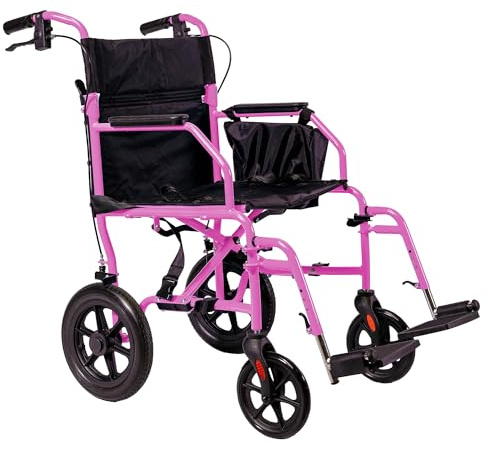 Platinum Health Hummingbird™ Ultra-Lightweight Foldable Transport Wheelchair, Handbrakes,12-Inch Rear Wheels, Extra-Wide Seat. Convenient Table-Length Padded Armrests. (Sunrise Pink)