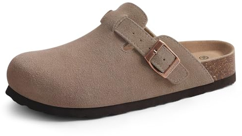 ODOLY Genuine Suede Clogs for Women Men Soft Cork Footbed Leather Mules Comfort Potato Shoes with Arch Support, Mocha 40