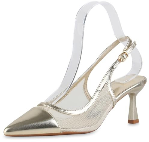 VAN HILL Damen Slingpumps Stiletto Basic Party Schuhe 216676 Gold 41