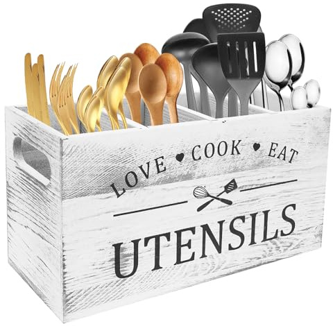 Kitchen Utensils Holder, Kitchen Cooking Utensil Organizer with 4 Compartment and Drainage Bottom, Farmhouse Utensil Organiser Cutlery Caddy , Wooden Cooking Tools Storage for Countertop (white)