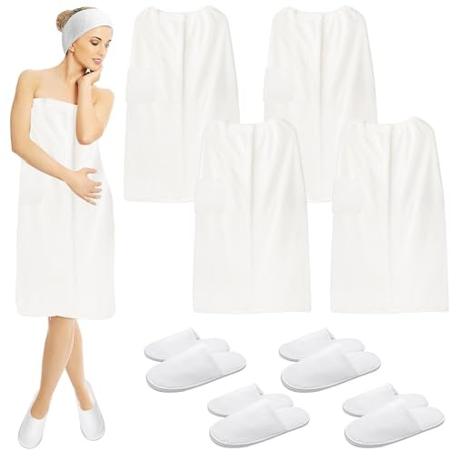 ASMIZ 4 Pack Towel Wraps for Women with Slippers (8 Piece Set) - Adjustable Velcro Spa Bathrobe with Pocket & Secure Snaps - Soft Absorbent Shower Body Wrap for Guest, Gym, Sauna (White)