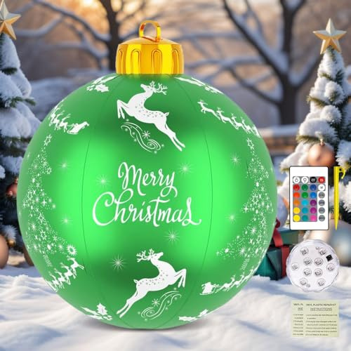 Rakuker Palle di Natale Gigante da Giardino con 16 Colori Led, 60cm Palline di Natale con Led, Palline di NATALE Verde in PVC, Decorazioni Natalizie per Esterno Grandi, Cortile, Patio