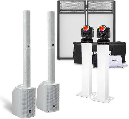 VONYX Complete DJ Setup - Mobile DJ Sound System with 121MX 12 Column Line Array Speakers, Portable DJ Booth, DJ Lighting System for Weddings & Events - Mobile dj setup