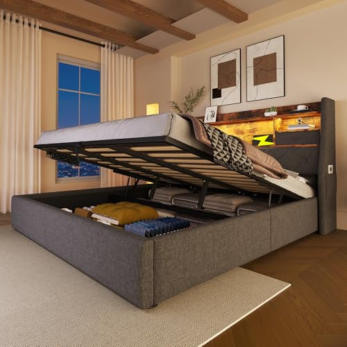 Super King Size Ottoman Bed with LED Storage Headboard & 2 Drawers, 6ft Upholstered Platform Bed Frame with USB Type-C Charging, Hydraulic Gas Lift Up Fabric Storage Bed with Slats, Grey, No Mattress