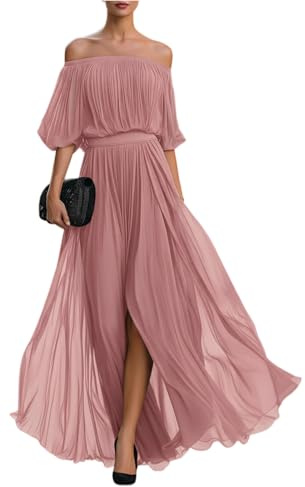 Générique Robe De Soiree Femme Chic Et Elegant Epaule Denudee Robe Longue Femme Ete Fluide Manches Bouffantes pour Cocktail Ceremonie Mariage Plage Bohème Pink, S