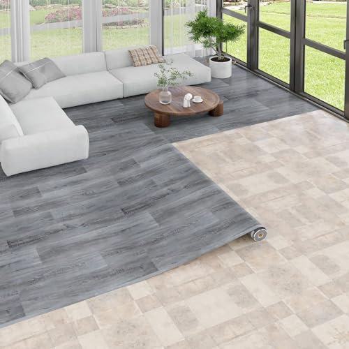 Oxdigi Suelo de PVC Con Aspecto de Madera, Vinilo Para Salón, Cocina, Balcón, Caravana, Trastero - Recortable, Revestimiento Impermeable Gris Oscuro