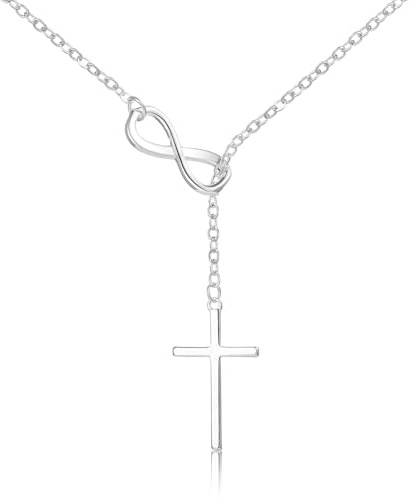 Poxtex Silver Cross Necklace for Women, Waterproof Non Tarnish Infinity Cross Pendant Long Y Necklaces Dainty Trendy Minimalist Christian Jewelry Faith Cross Accessories for Everyday Wear Easter Gift