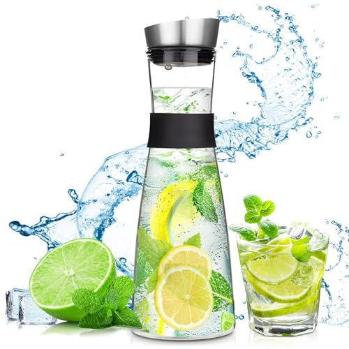 FAMKEEP Jarra de Agua de Vidrio,1200ml Botella de Cristal y Tapa de Inoxidable, Jarra de Vidrio Para Agua para Jugo Caliente Frío,Té,Leche y Café